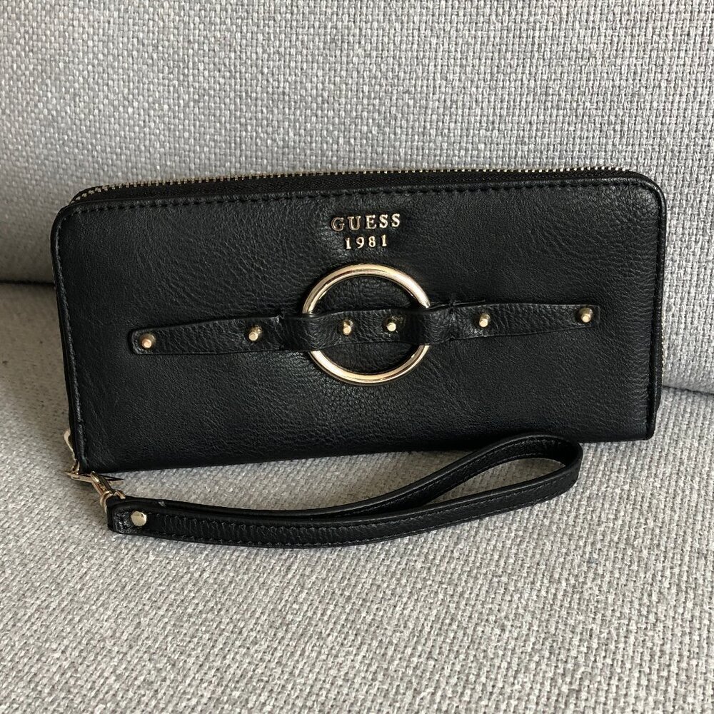 VINTAGE GUESS 1981 Black Leather Wallet Clutch Strap Studded Silver Hardware